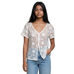New Geode Womens White Floral‎ Lace Sheer Short Sleeve Top Size M